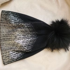 Black and Silver Warm Winter Hat with removable pompom